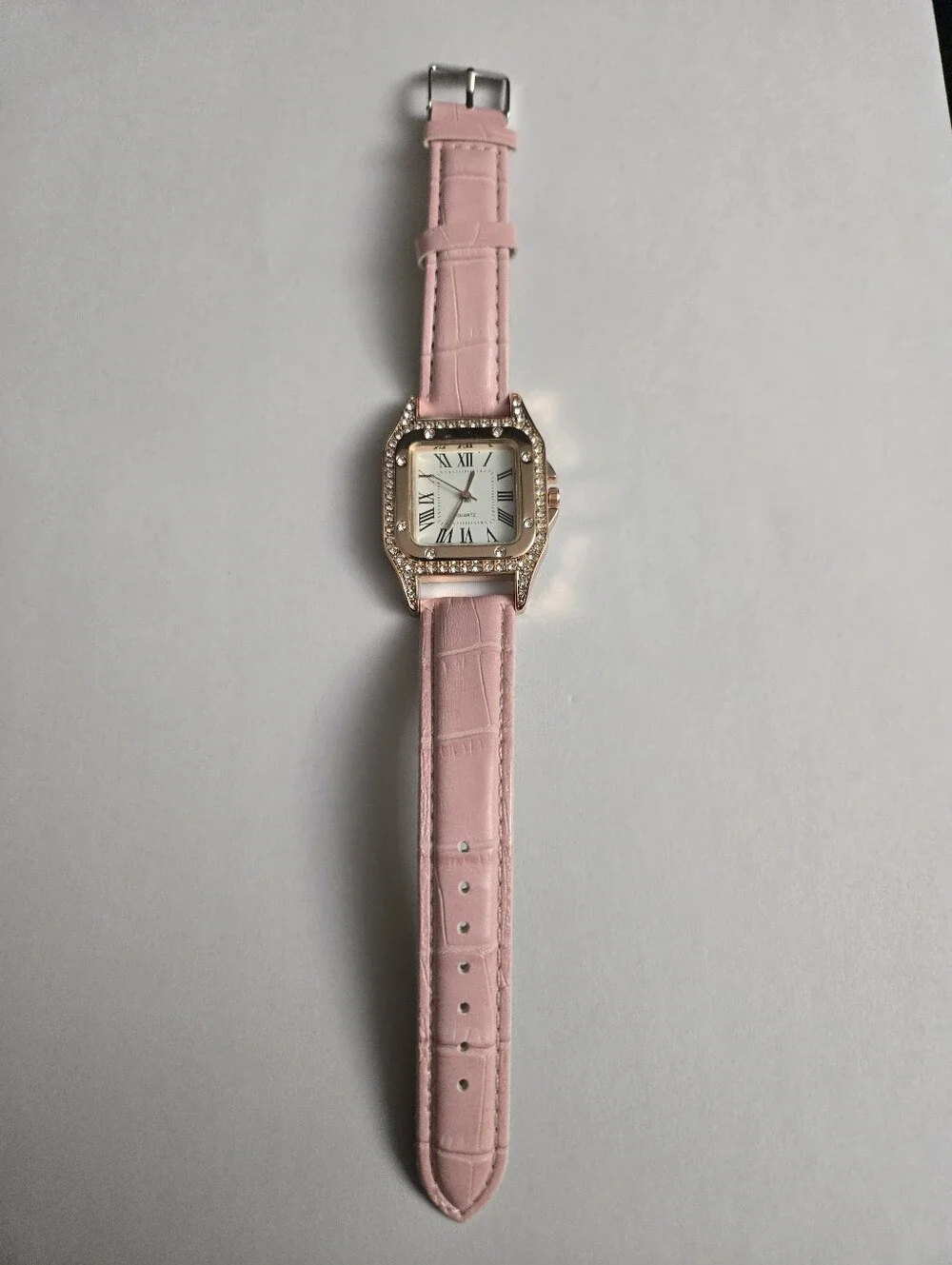 Women's Pink Leather Strap Watch with Crystal-Set Rose Gold Case